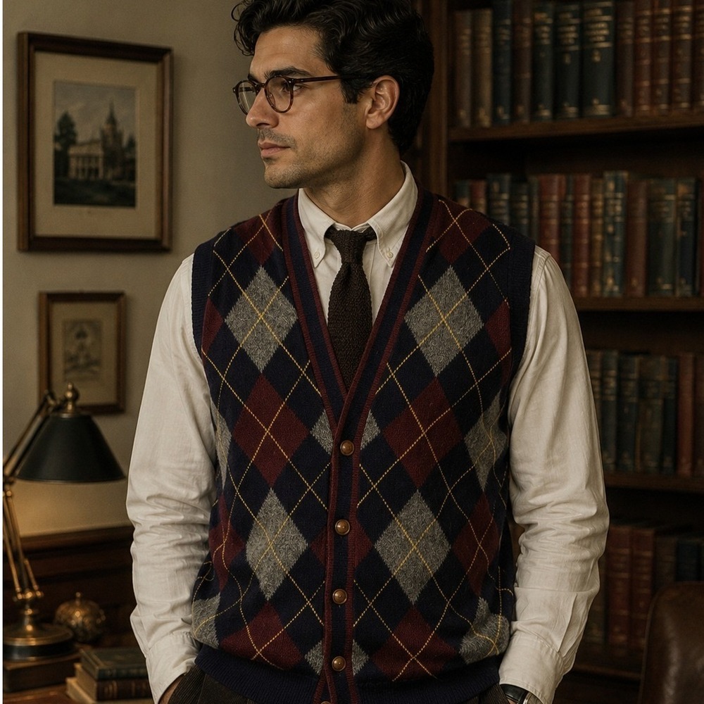 Lands End Cardigan Vest Argyle Wool Knit Preppy Dark Acadameia Old Money Mens L
